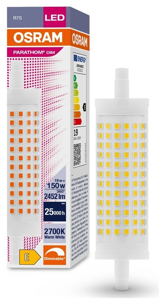 Лампочка светодиодная OSRAM Трубка линейная двухцокольная R7s 188mm R7s 19Вт 220В 2700К Теплый белый Диммируемая упаковка 1шт