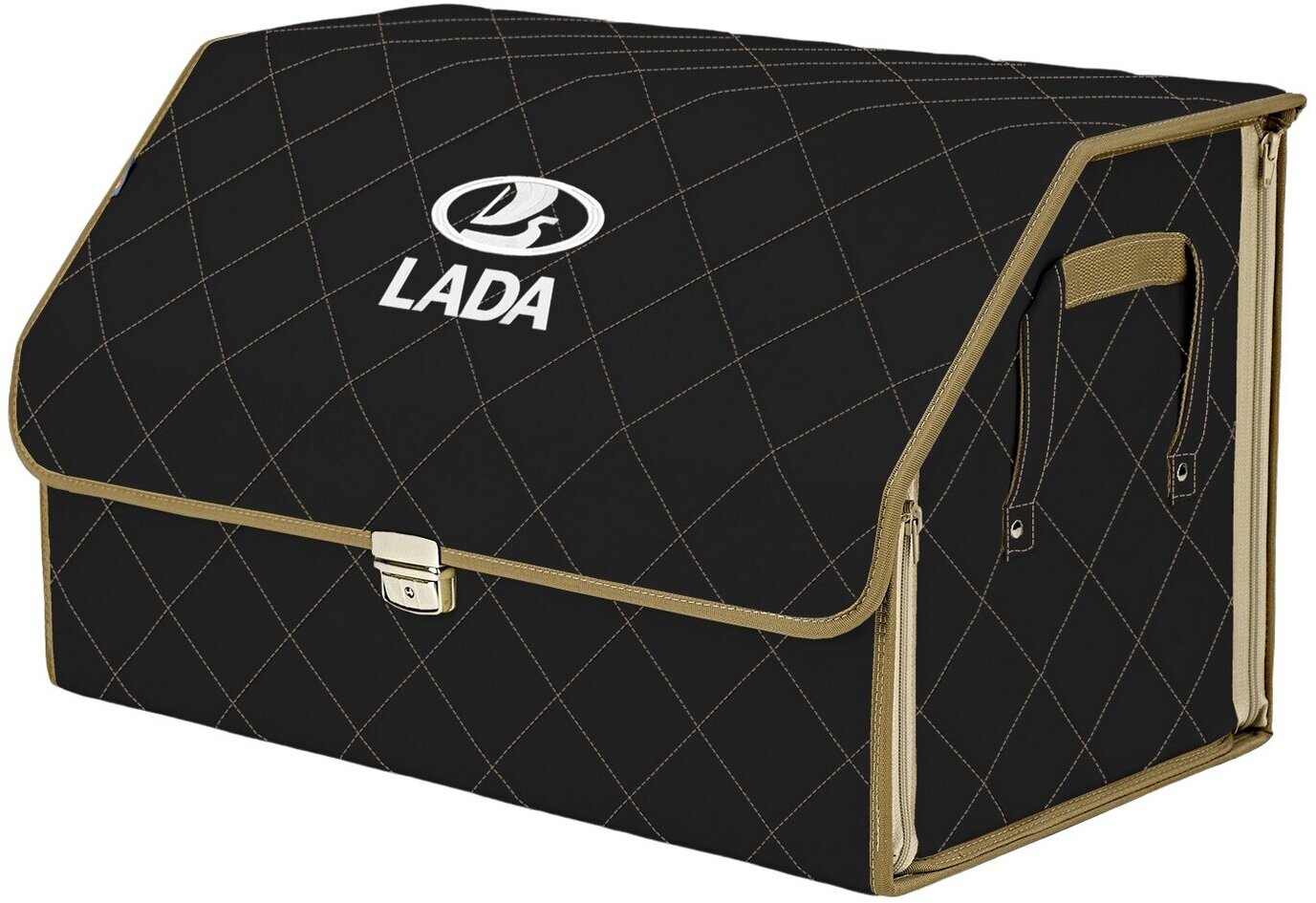 Органайзер-саквояж в багажник "Союз Премиум" (размер XL). Цвет: черный с бежевой прострочкой Ромб и вышивкой LADA (лада).