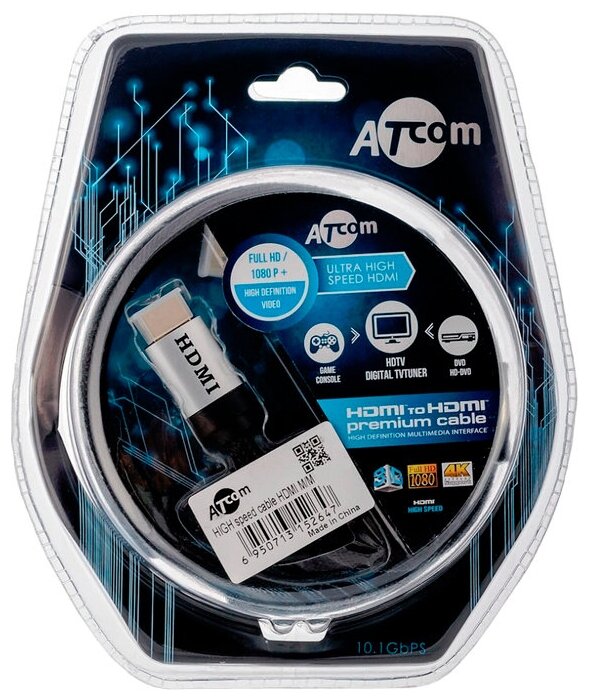 Кабель Atcom High speed HDMI - HDMI, серебристый/черный, 1 м