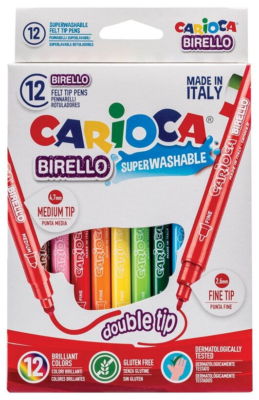 Фломастеры двусторонние 12 цветов Carioca "Birello" 12 шт, смываемые, картон, 1 упаковка