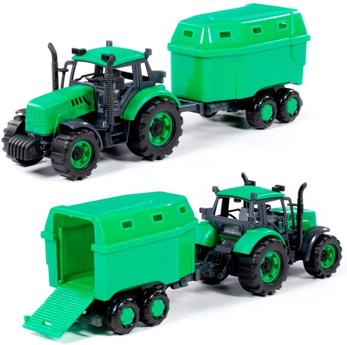 Трактор Прогресс с прицепом для перевозки животных инерц. зелёный в лотке 94643 П-Е
