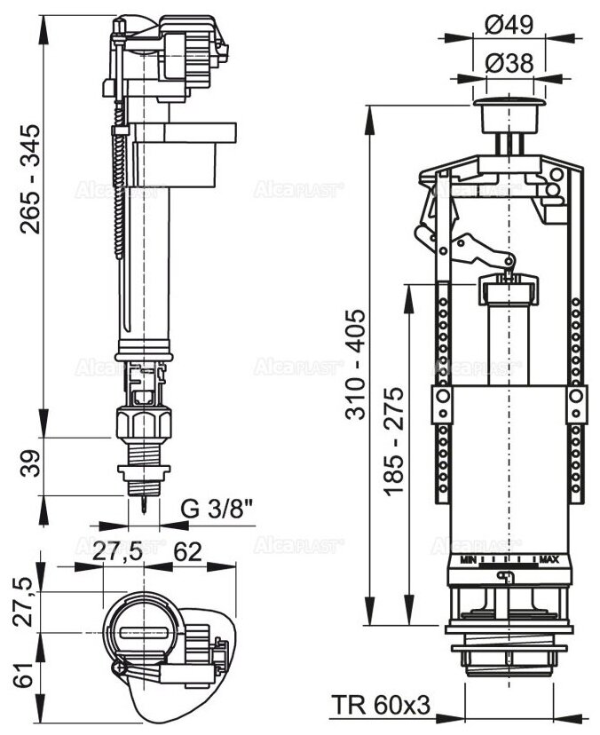 Арматура для бачка наливная 3/8" нижнее подключение Alca Plast A18-3/8"