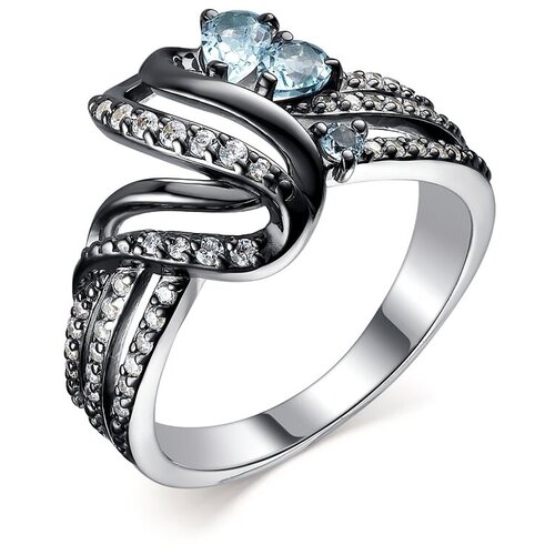 Ювелирное кольцо алькор из родированного серебра c топазами sky blue и кристаллами