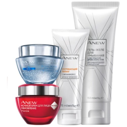 фото Подарочный набор anew by avon, из четырёх средств: ночная маска для лица "защита и восстановление", 50 мл, ночной крем "обновление", 50 мл, гель-желе для умывания с древесным углем ,150 мл, согревающий гоммаж с витамином с, 75 мл.