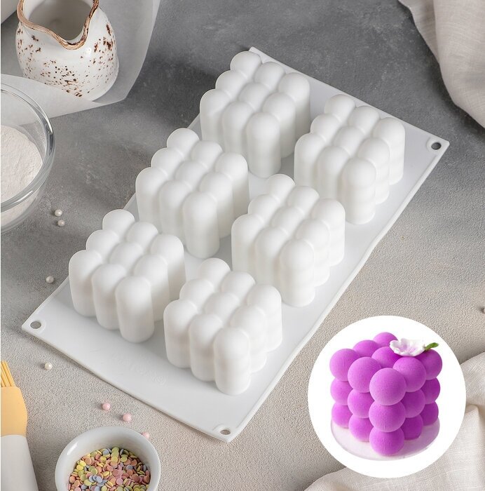 KONFINETTA Форма для муссовых десертов и выпечки KONFINETTA «Рафаэль», силикон, 29,7×17,5×5,7 см, 6 ячеек (6,2×6,2 см), цвет белый