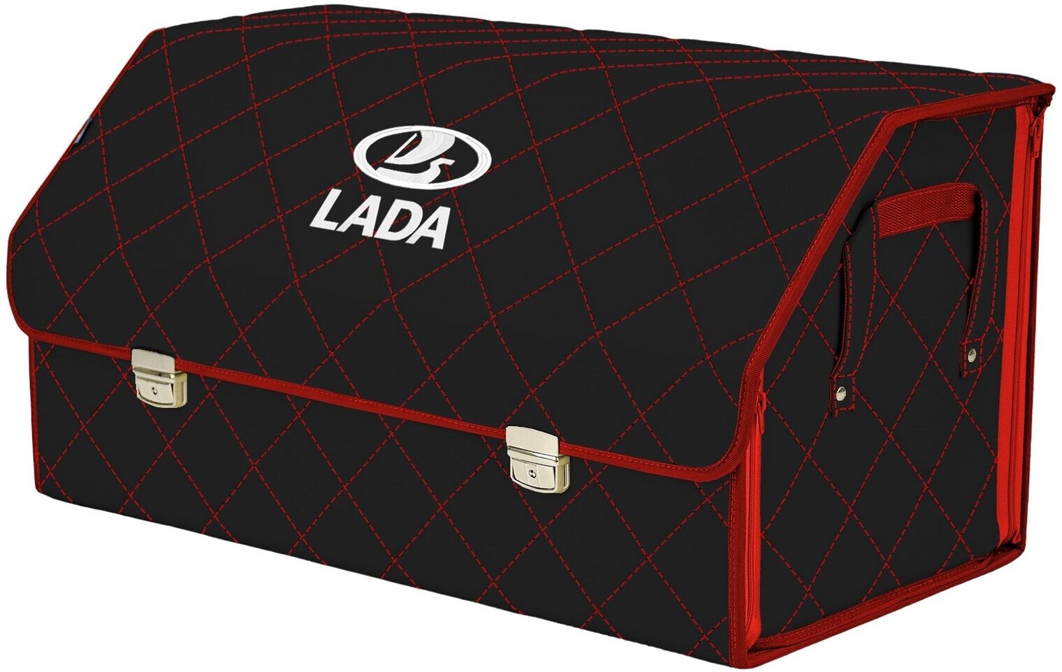 Органайзер-саквояж в багажник "Союз Премиум" (размер XL Plus). Цвет: черный с красной прострочкой Ромб и вышивкой LADA (лада).