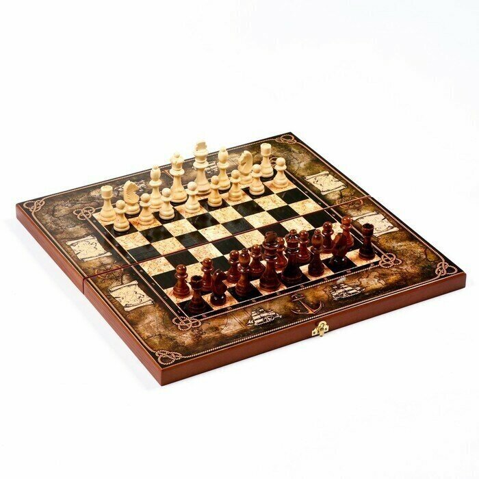 Шахматы "Морская карта" (доска дерево 50х50 см, фигуры дерево, король h-8,8, см)
