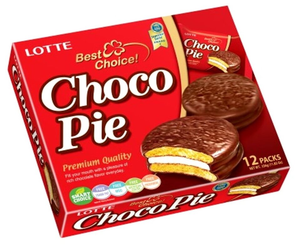 Печенье LOTTE "Choco Pie" ("Чоко Пай"), прослоенное, глазированное, в картонной упаковке, 336 г (12 штук х 28 г)