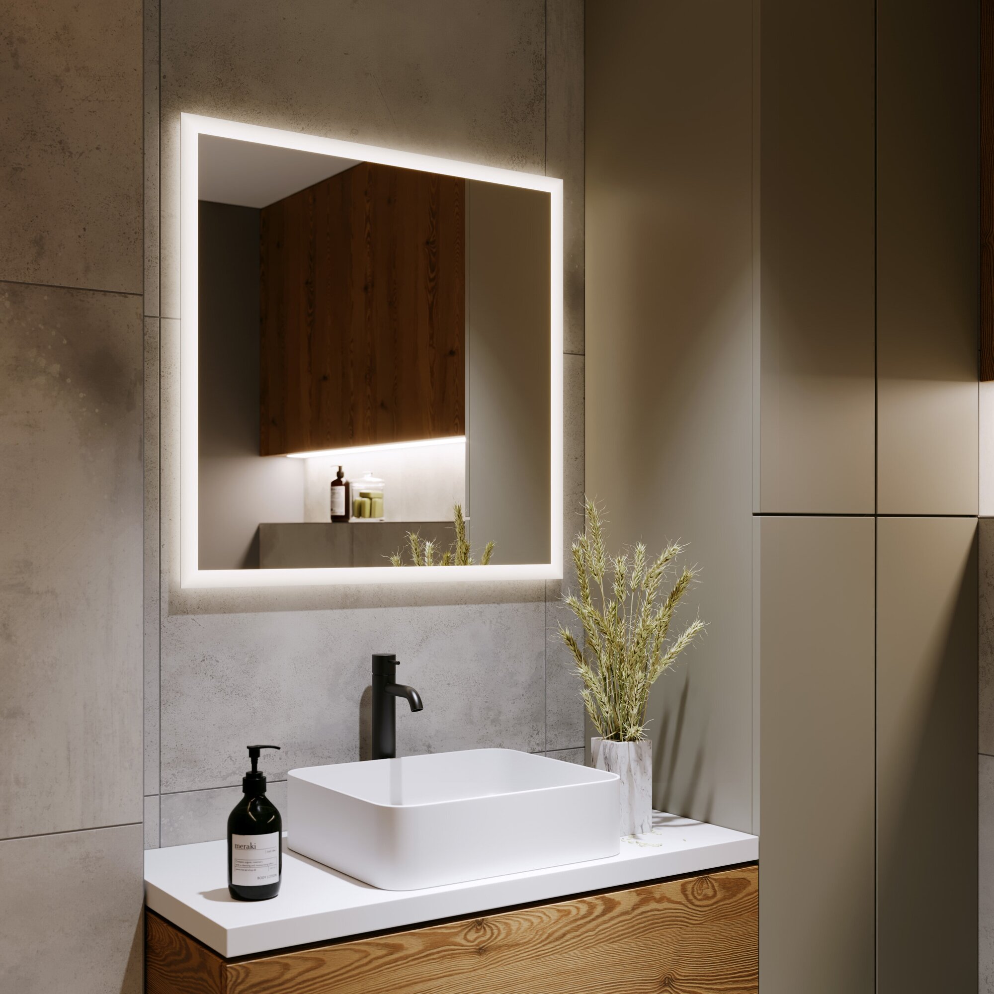 Зеркало для ванной Alavann Lette 80x80 см, с LED подсветкой, встроенной вилкой
