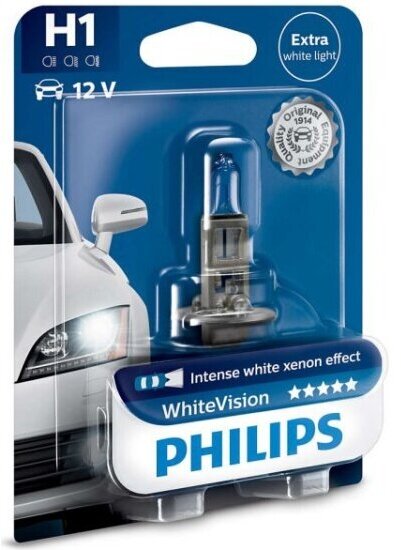 Лампа автомобильная Philips WhiteVision H1 55W P14.5s+60% 3700K (бл.) 12V, 1шт, 12258WHVB1