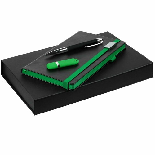 Набор Ton Memory, черный с зеленым, коробка: 27х18х3,5 см, ежедневник: 12,8х20,8х1,3 см, искусственная кожа; пластик; металл; переплетный картон