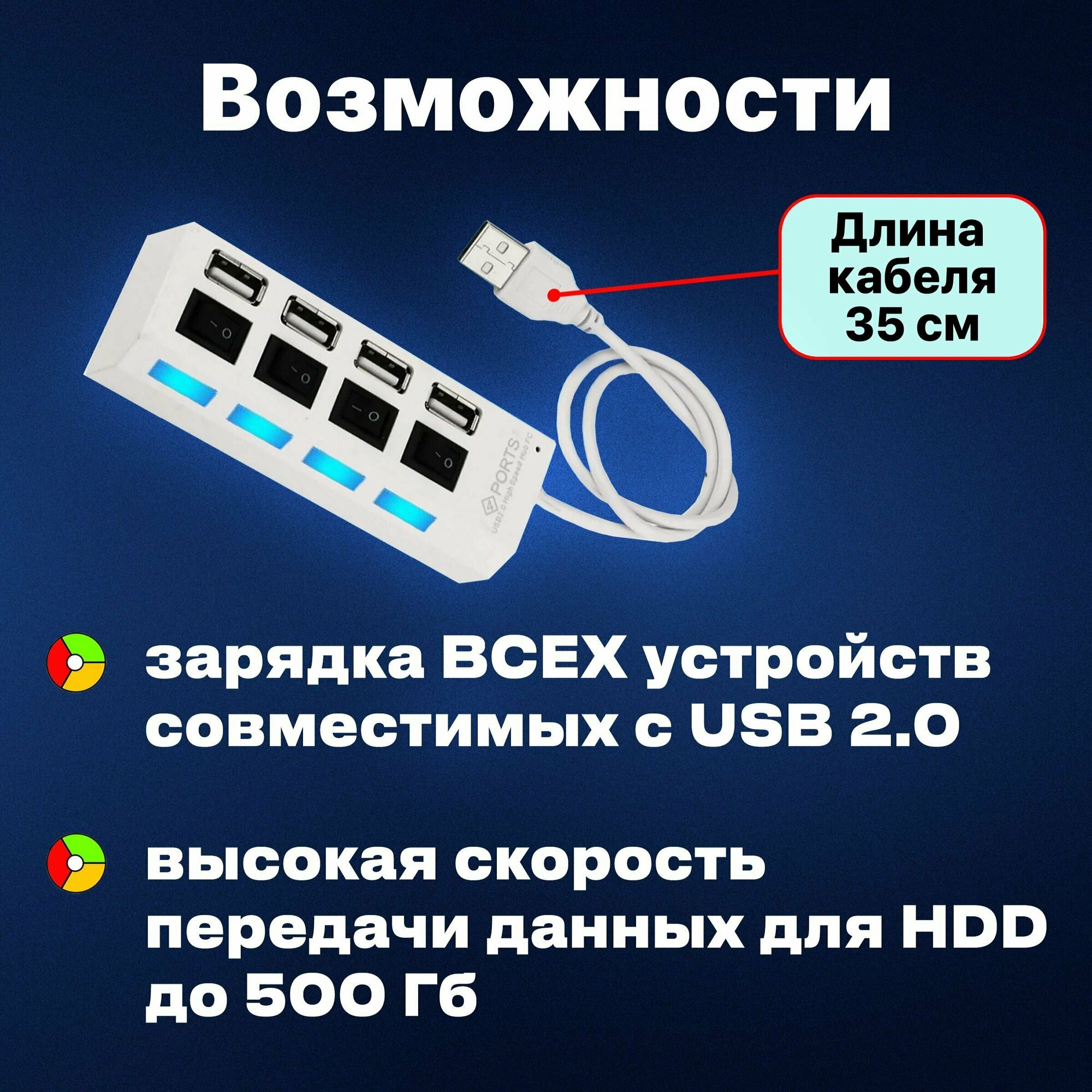 USB-ХАБ разветвитель / USB-hub 4 порта с выключателями для периферийных устройств