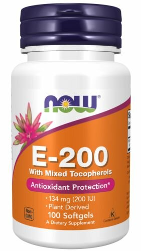 Витамин E смешанные токоферолы NOW Vitamin E-200 With Mixed Tocopherols (100 мягких капсул) фото