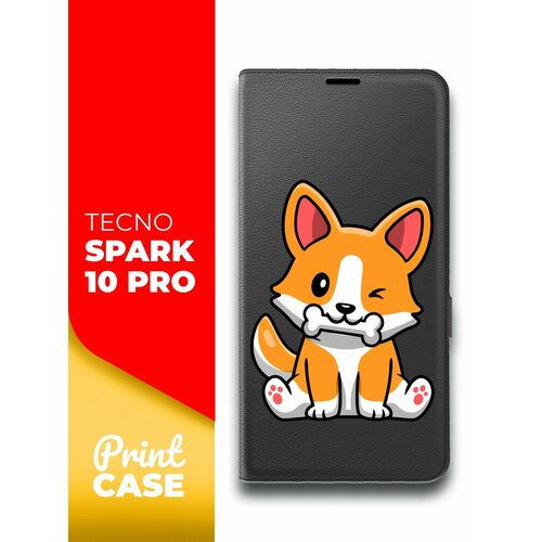 Чехол на Tecno Spark 10 Pro (Техно Спарк 10 Про) черный книжка эко-кожа отделение для карт и магнитами Book case, Miuko (принт) Корги Косточка чехол на tecno spark 10 pro техно спарк 10 про черный книжка эко кожа подставка отделение для карт магнит book case miuko принт мишка смартфон