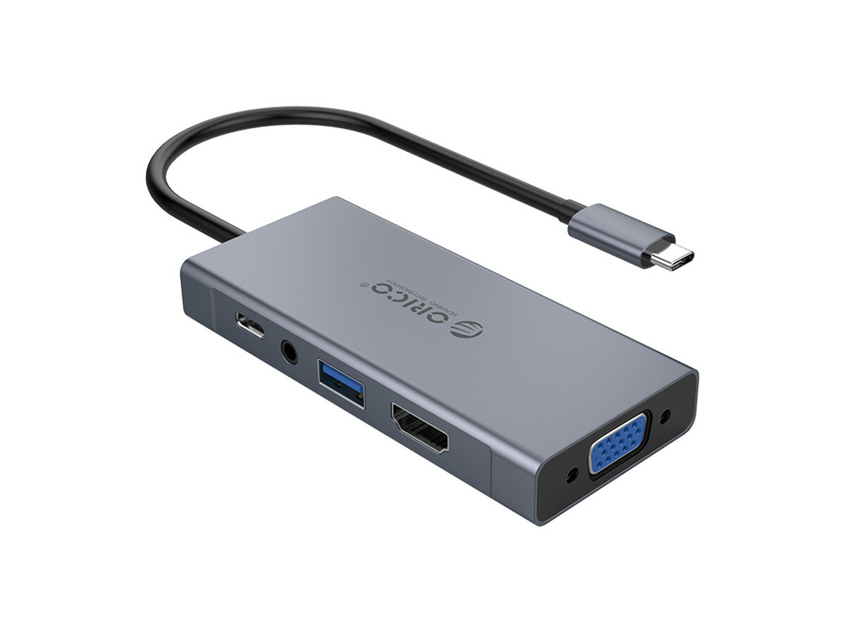 USB-хаб ORICO MC-U501P-GY, Type-C (USB 3.0, USB Type-C, HDMI, VGA, Mini jack), до 60Вт, Серый Док-станция ORICO-MC-U501P-GY