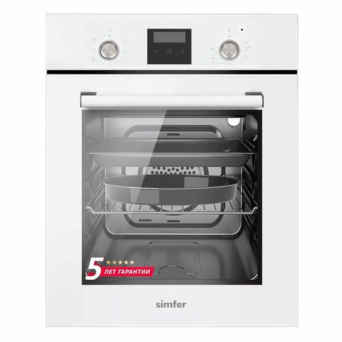 Электрический встраиваемый духовой шкаф Simfer ширина 45см 6 режимов работы конвекция гриль таймер часы утапливаемые переключатели 49 литров подсветка 2 противня хромированная решётка 5 лет гарантии белый 5407200₽