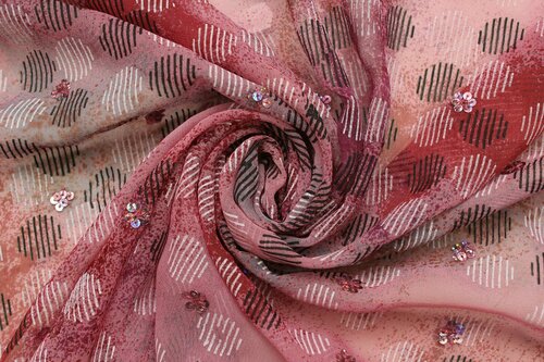 Ткань Шелк-шифон бежево-розовый с пайетками John Galliano, ш115см, 0,5 м