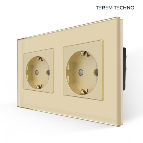 Двойная встраиваемая электрическая розетка Terem Techno с заземлением на 16А стеклянная золотая с защитными шторками