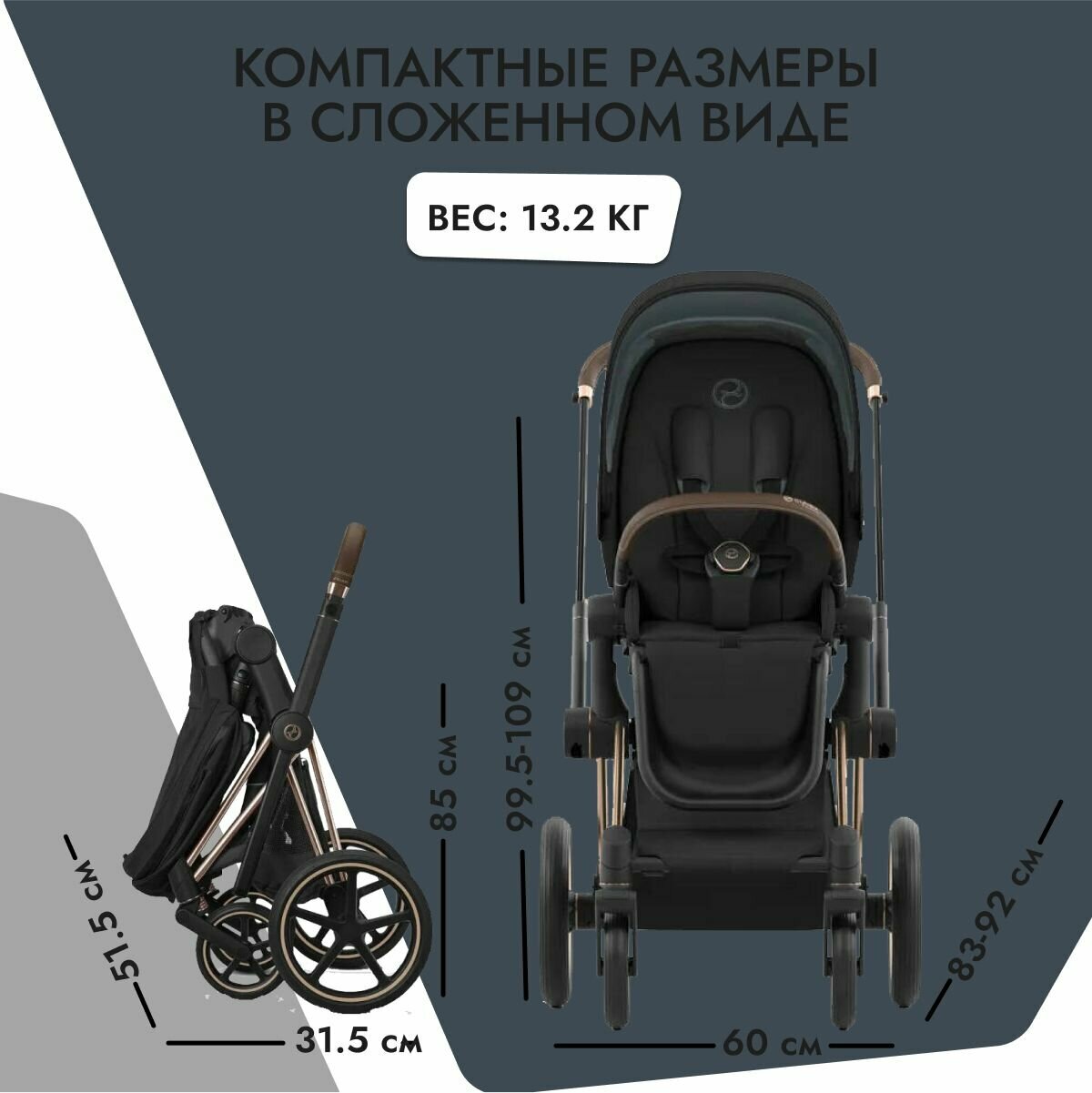 Детская коляска Cybex Priam IV 2 в 1 Sepia Black на шасси IV Rosegold New