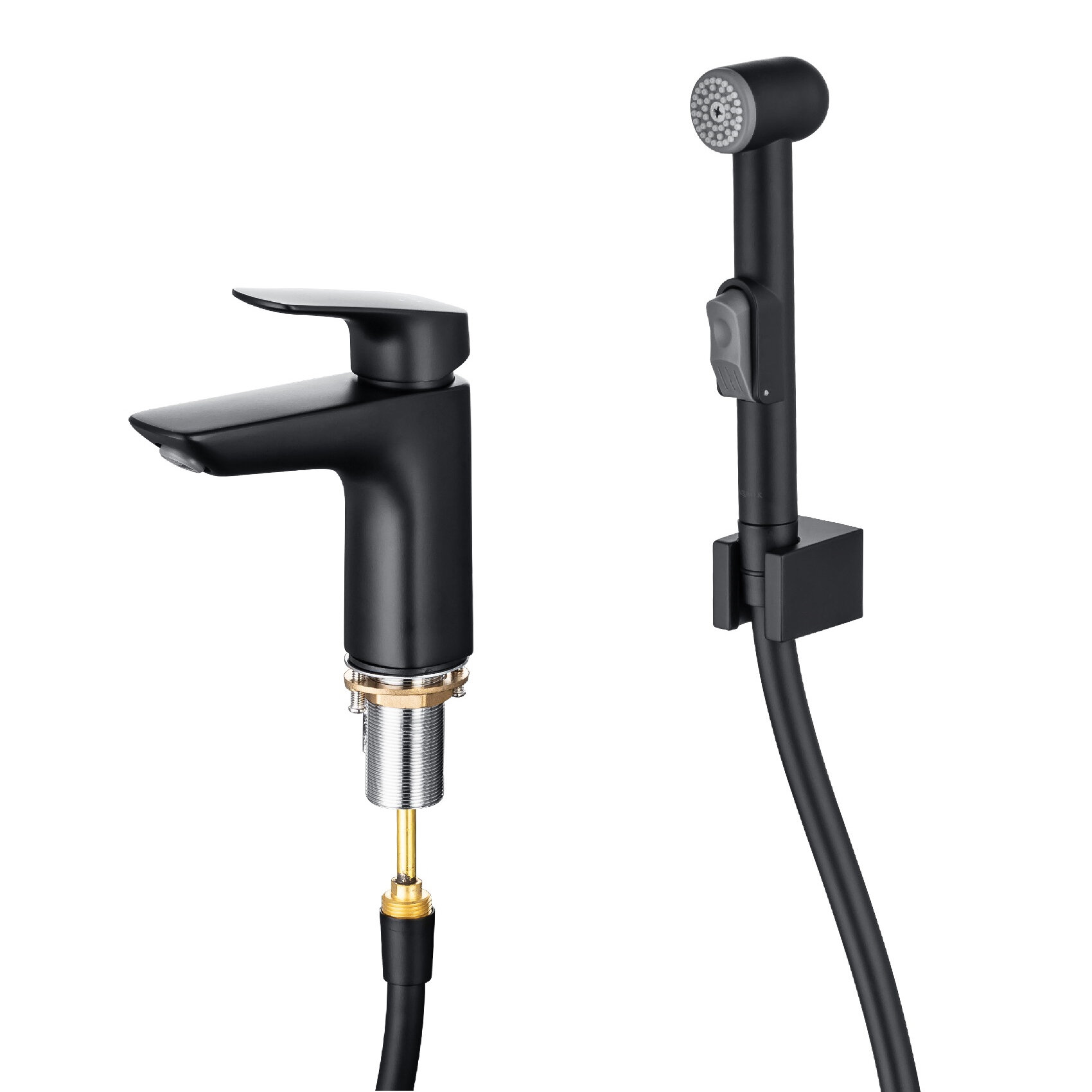 фото Смеситель для раковины Aquatek Вега 97, с гигиеническим ручным душем, матовый чёрный AQ1012MB