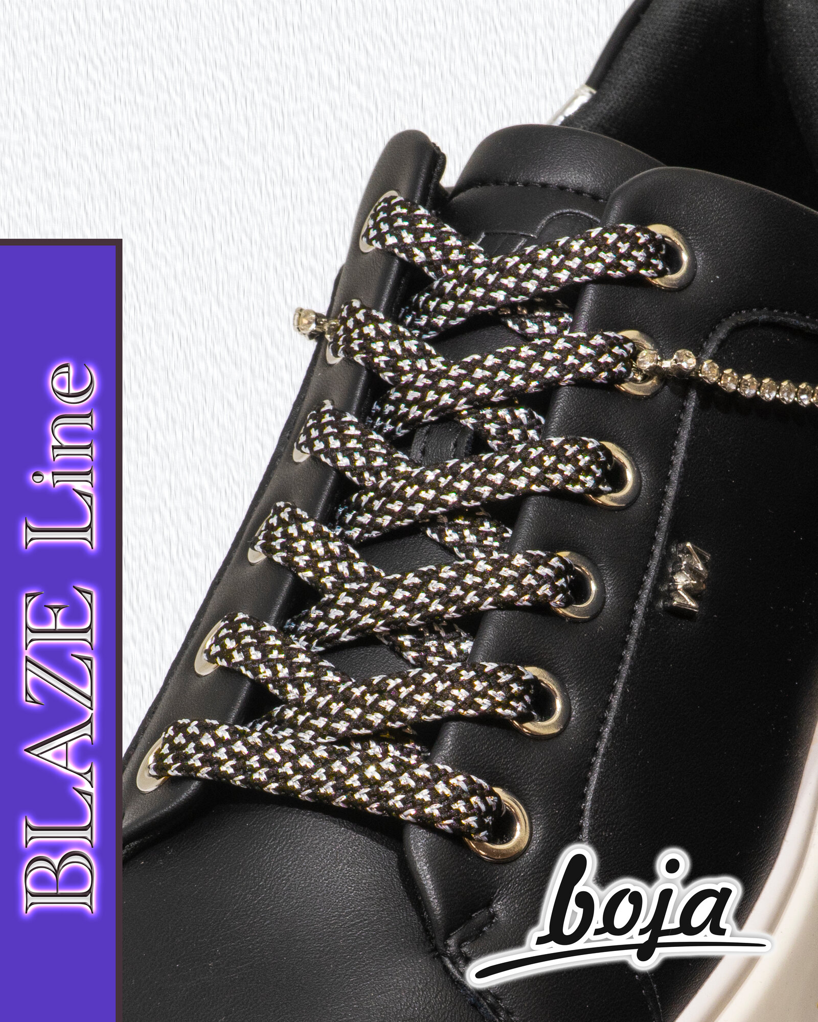 фото Шнурки для обуви BOJA (BLAZE Line), плоские, черные светоотражающие, 120 см, для кроссовок; ботинок; кед; бутсов; сапог, НЕ эластичные; НЕ резиновые; НЕ силиконовые; без фиксаторов