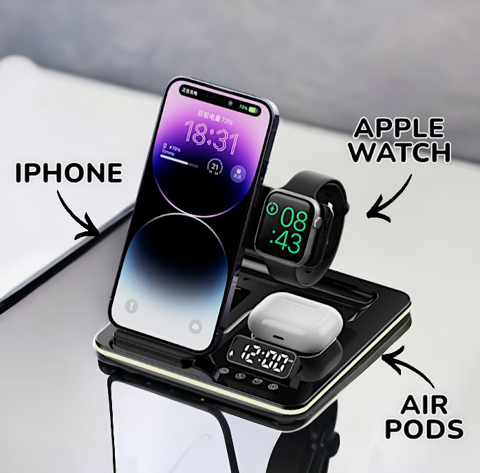 Беспроводное зарядное устройство JR, 5 в 1, для Apple, с LED-подсветкой, черное — фото 1