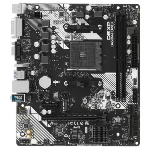 Материнская плата DEXP B450M-HDV/DX (AM4. AMD B450. 2xDDR4-3200 МГц. 1xPCI-Ex16. 1xM.2. Micro-ATX)