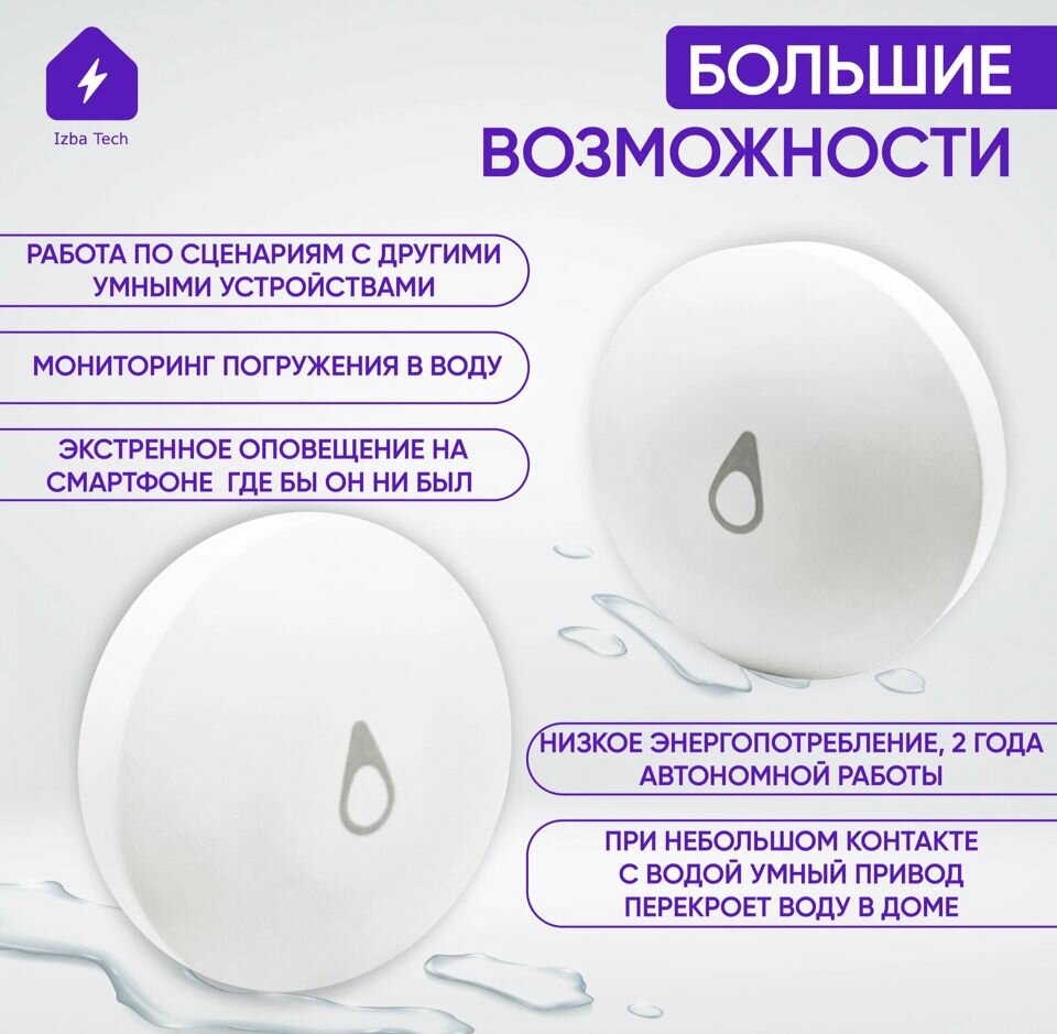 Умный , датчик протечки воды . Zigbee . Беспроводной.+Батарейка