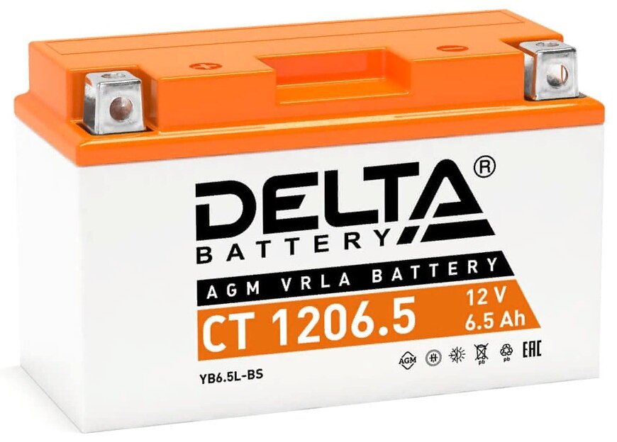 Аккумулятор для мотоцикла и скутера Delta CT1206.5 12V 6.5 А/ч 75 А прям. пол. залит/заряжен YB6.5L-BS (138х65х100) AGM VRLA