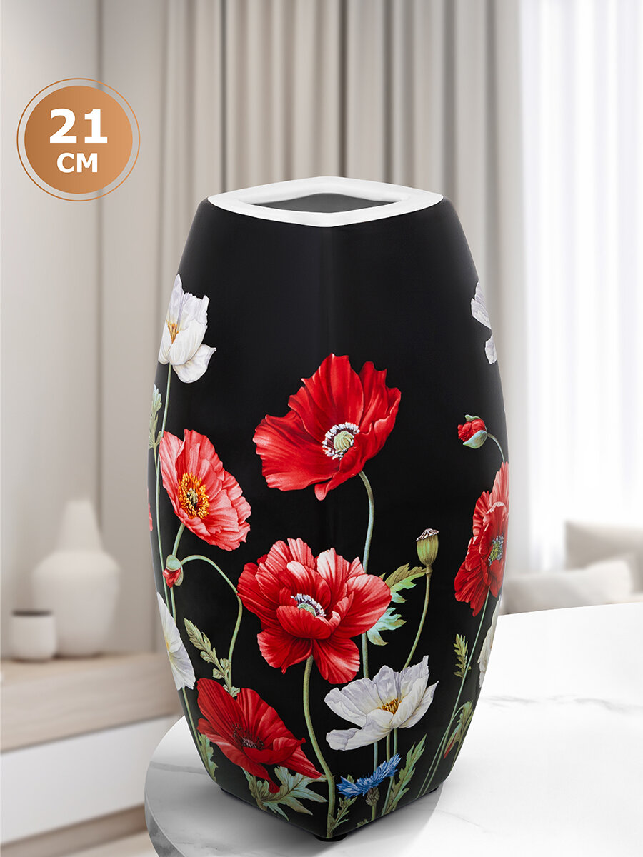 фото Ваза 1,5 л Elan Gallery "Маки на черном" квадрат, 11х11х21 см, NEW BONE CHINA
