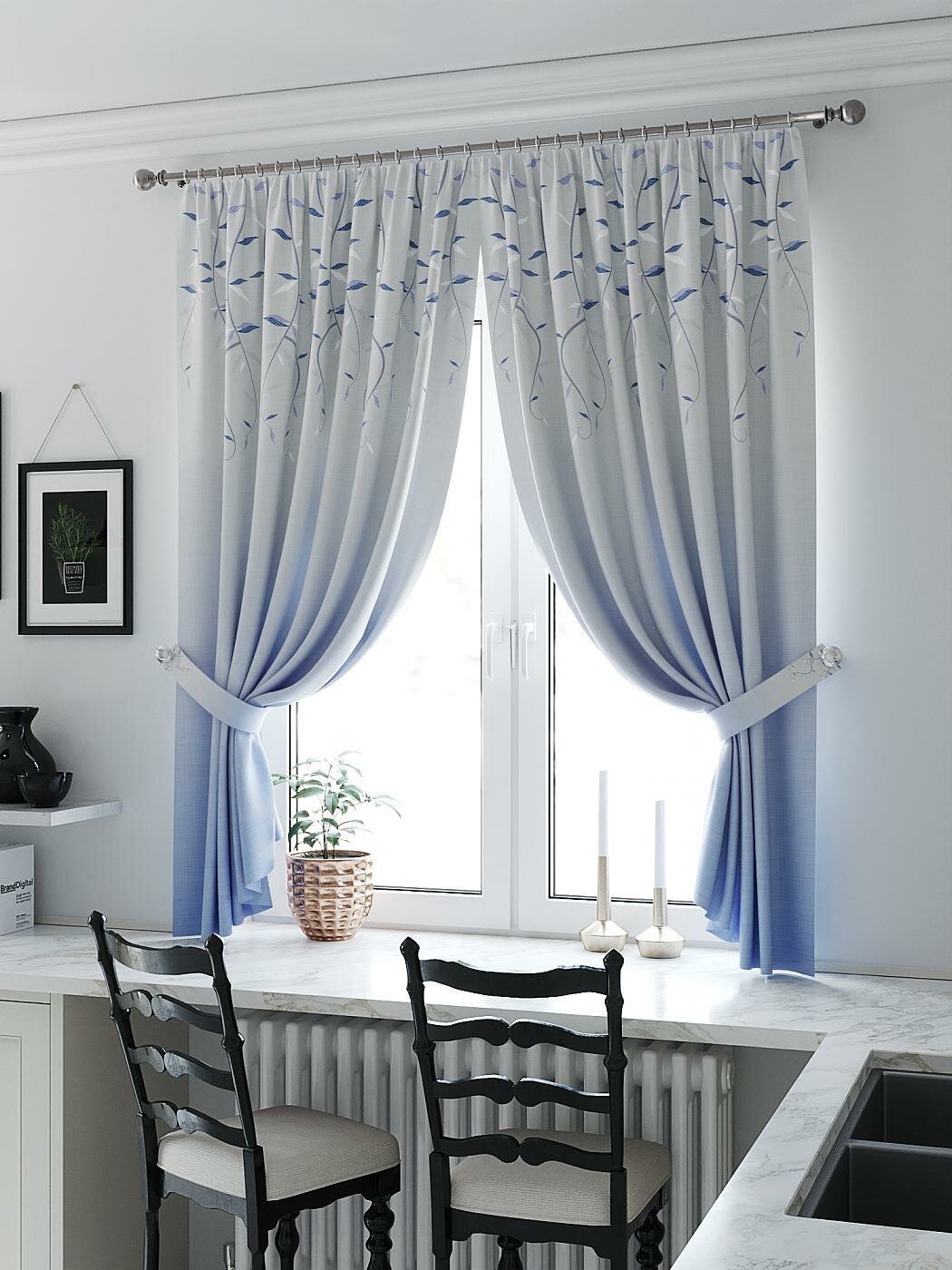 фото Комплекты штор AT HOME Миртинерс (синий) высота 180 см, ширина 150 см, крепление - шторная лента, Белый