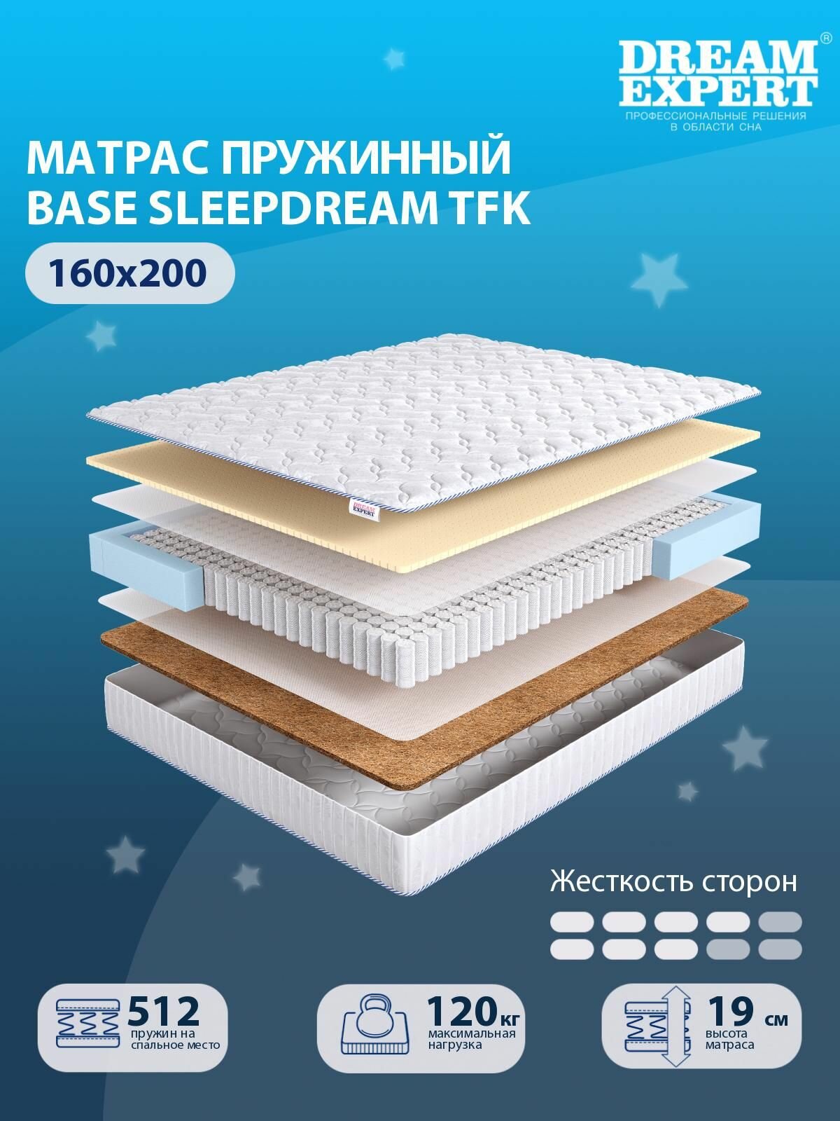 Матрас DreamExpert Base SleepDream TFK средней и выше средней жесткости, двуспальный, независимый пружинный блок, на кровать 160x200