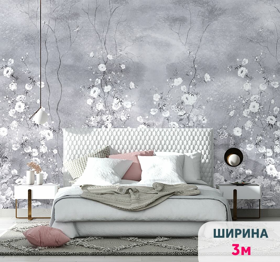 Фотообои цветы на стену MOBI DECOR "Белая флора на сером" флизелиновые в спальню или в гостиную или на кухню 200x270 см.