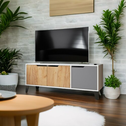 Тумба под телевизор Белый/Дуб крафт золотой+графит серый