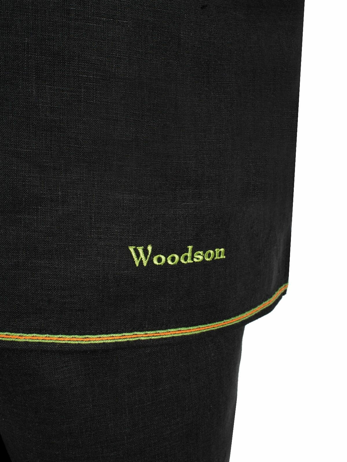 Комплект для бани из рубахи и штанов №1 Woodson из черного льна с цветной вставкой, размер комплекте 50-52