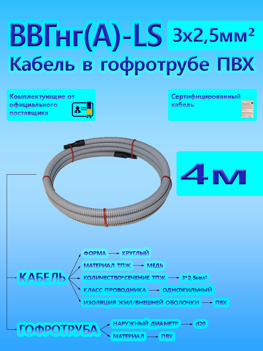 фото Кабель ВВГнг(А)-LS 3х2,5 ОК 0,66 кВ ГОСТ в серой гофротрубе ПВХ d20 (10 м) универсальный L-фаза
