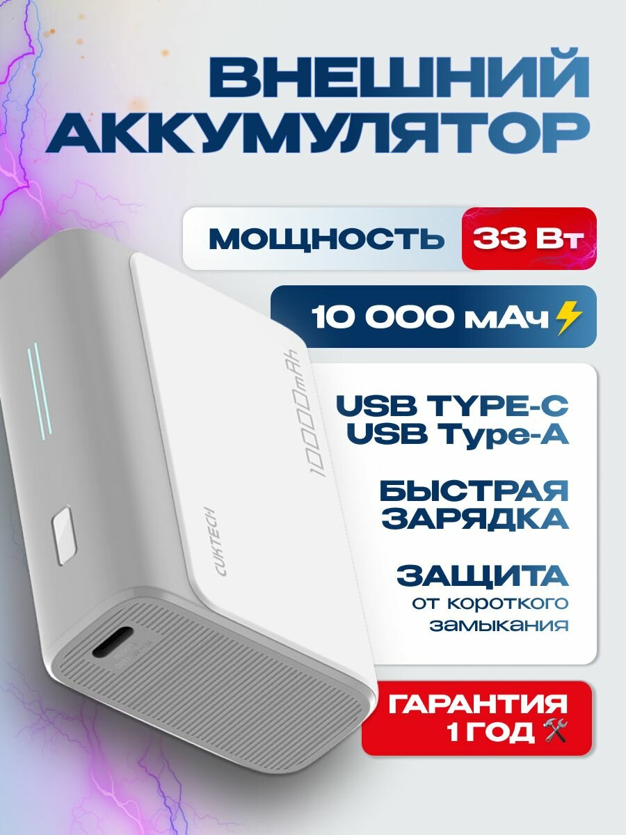 Внешний аккумулятор Power Bank Cuktech ZMI 10000 мАч 30Вт 3A QC 3.0 PD3.0 1xUSB-A+1xType-C (PB100) Global серый