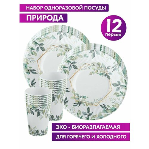 Одноразовая посуда для праздника на день рождения, детская, бумажная Природа. Одноразовые тарелки и стаканы на 12 персон
