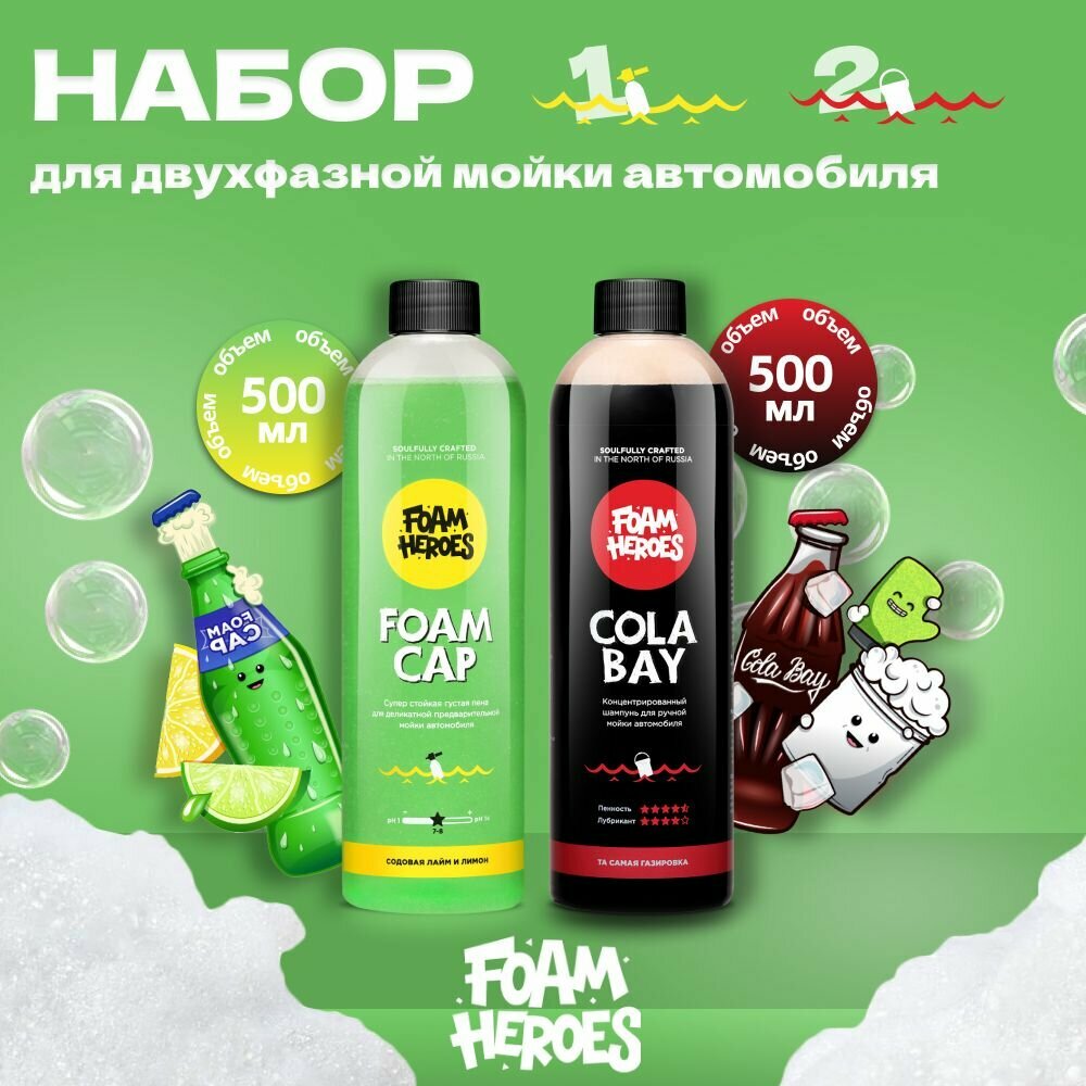 Foam Cap Sprite Пена для предварительной мойки 500мл + Cola Bay Автошампунь для ручной мойки 500мл Foam Heroes