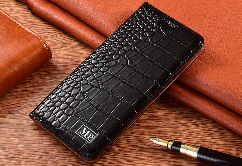 Чехол-книжка MyPads Croco di lusso для IQOO 12 из натуральной кожи теленка, с фактурной прошивкой рельефа кожи крокодила. Черный