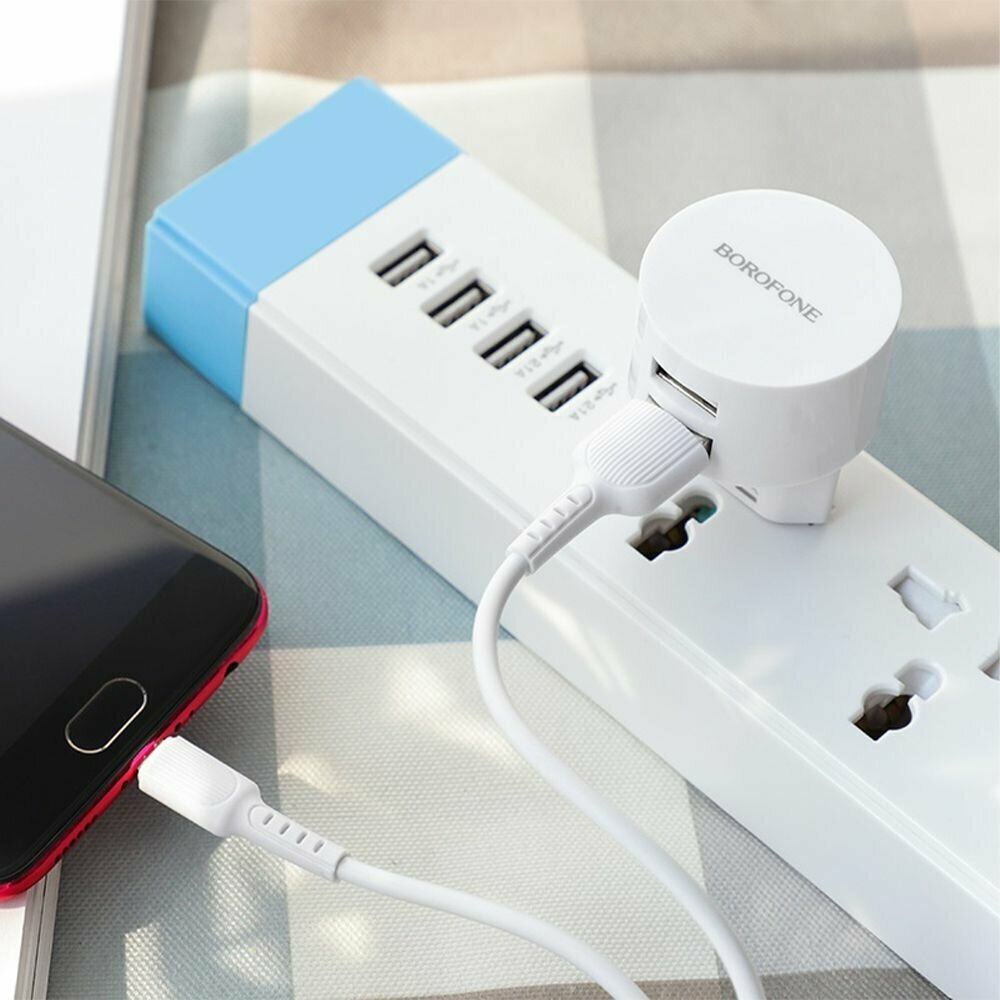 СЗУ BOROFONE BA23A Brilliant 2xUSB, 2.4А + кабель MicroUSB, 1м (белый) — фото 1