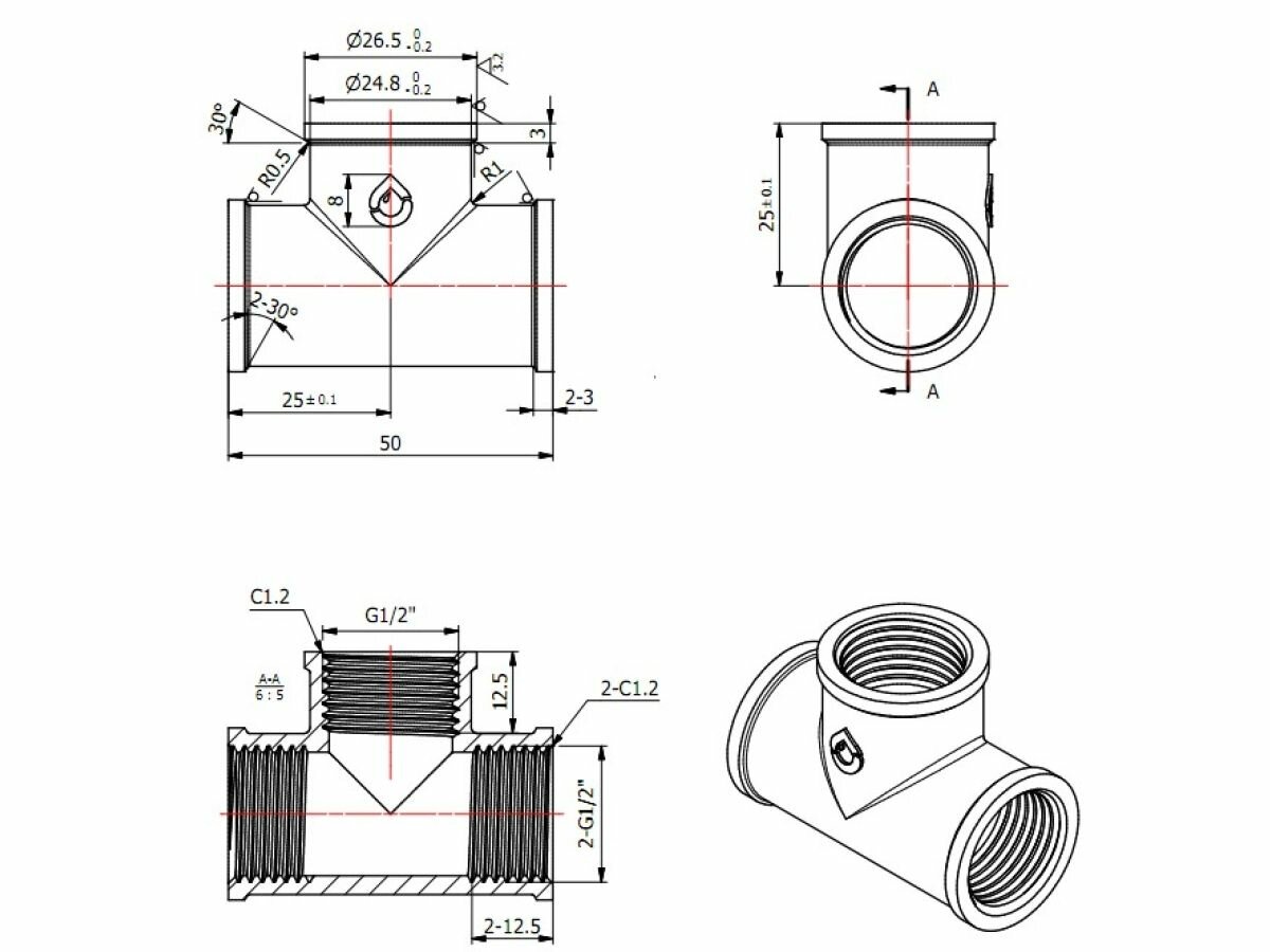 Тройник латунный AV ENGINEERING внутренняя резьба 1/2" (AVE306001) — фото 1