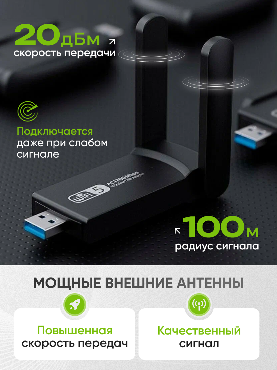 WIFI адаптер для компьютера AlisaFox беспроводной сетевой адаптер wifi для пк, ноутбука 1300M — фото 1