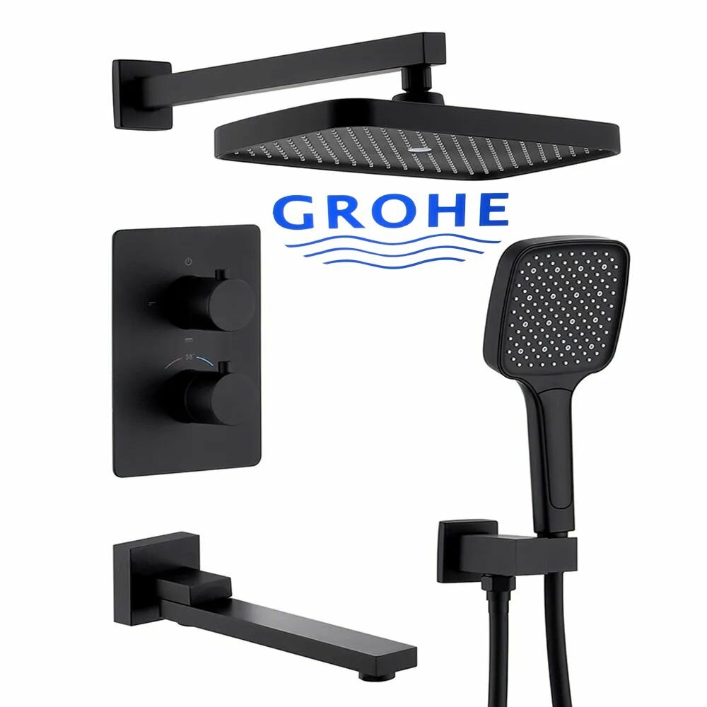 Встроенный душевой набор GROHE, термостатический смеситель для душа, латунь, многофункциональная душевая система. черный матовый