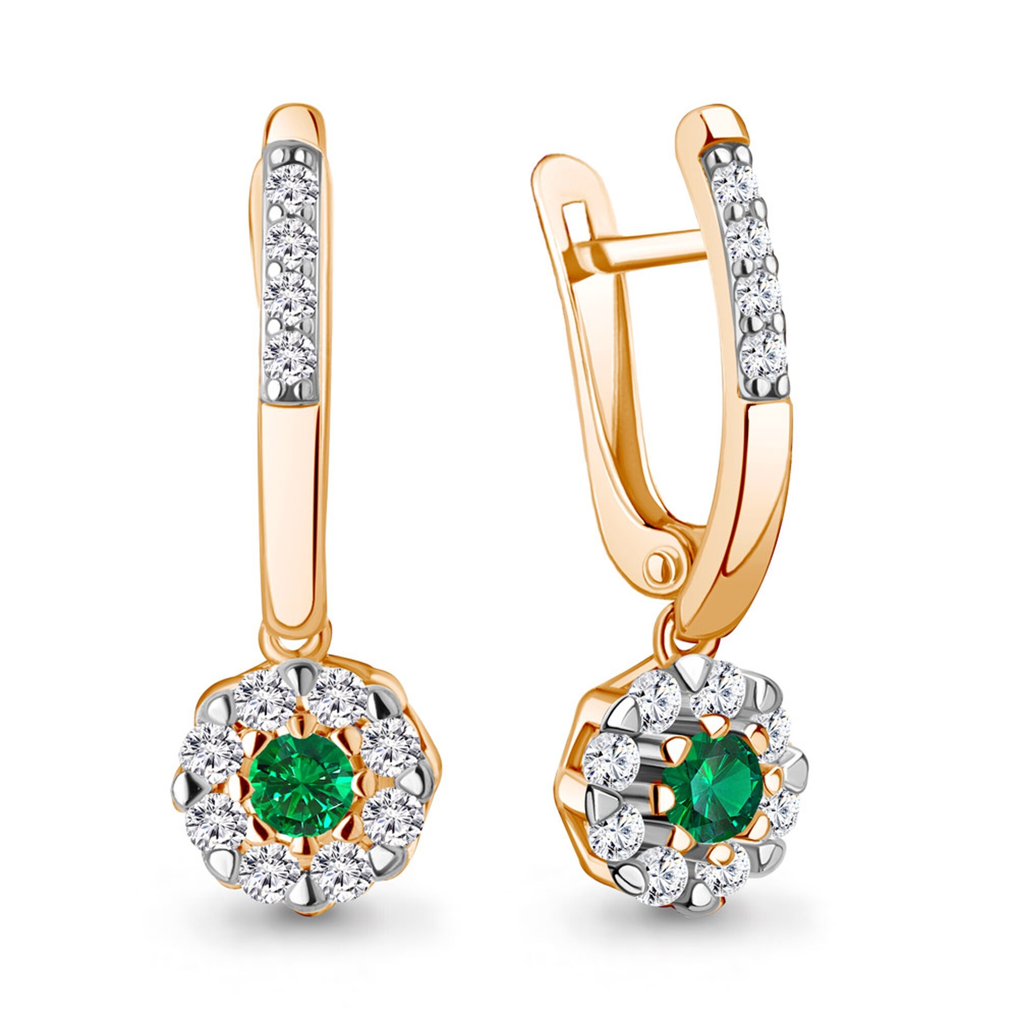 Серьги Diamant online, серебро, 925 проба, золочение, изумруд синтетический, фианит, длина 2.2 см, , зеленый