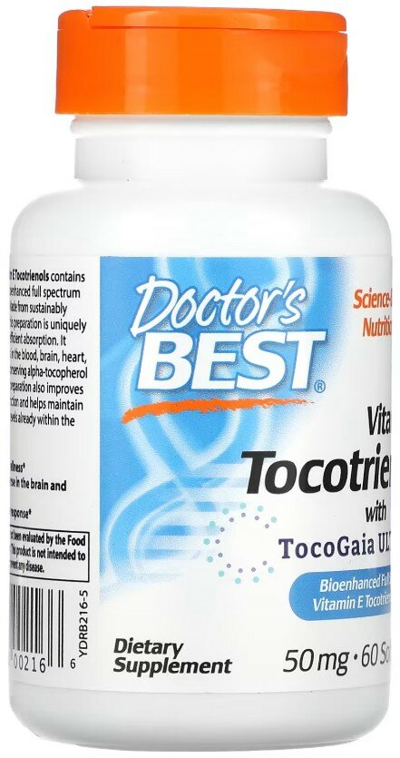Картинки Doctor's Best, Vitamin E Tocotrienols with TocoGaia Ultra, Витамин Е токотриенолы, 50 мг, 60 желатиновых капсул