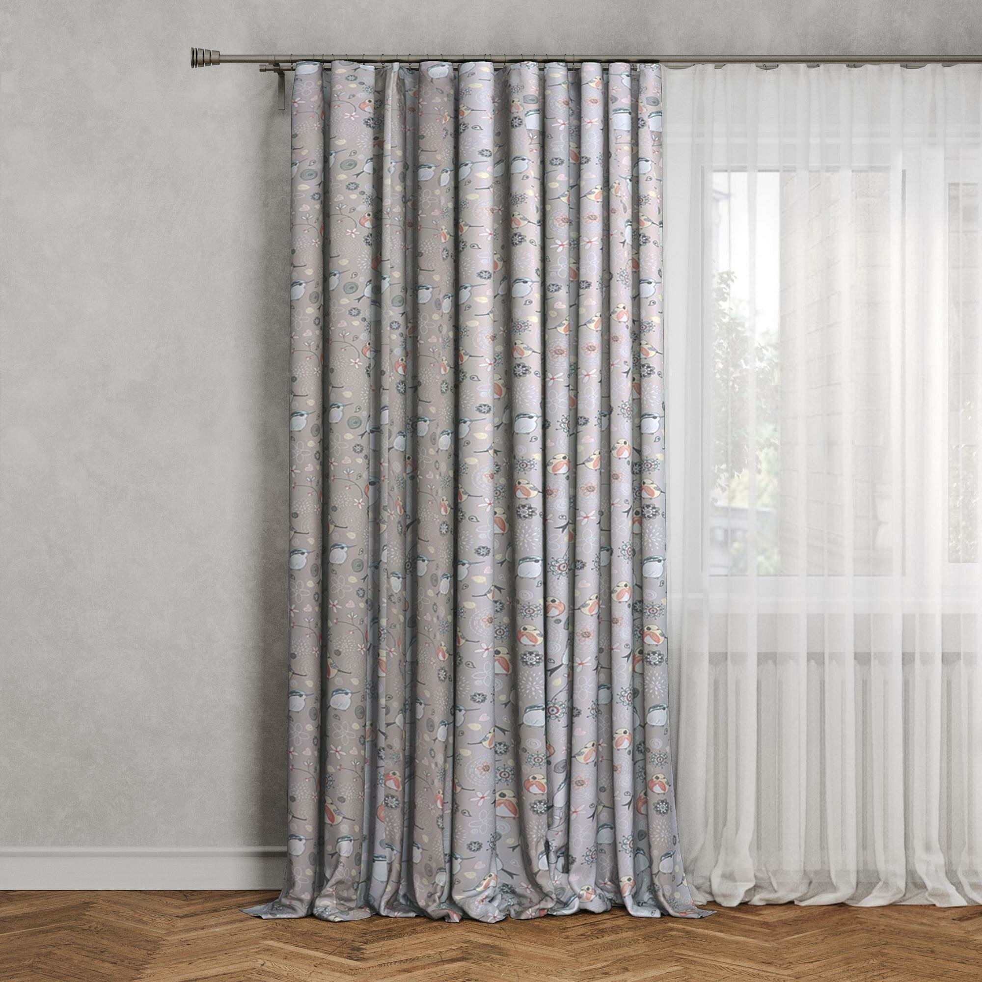 Штора на ленте Птички 160x260 см цвет бежевый