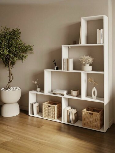 Изображение товара Стеллаж перегородка деревянный, напольный, на балкон, для книг и цветов, Имели, Белый, (ШхВхГ) 150х180х21 см