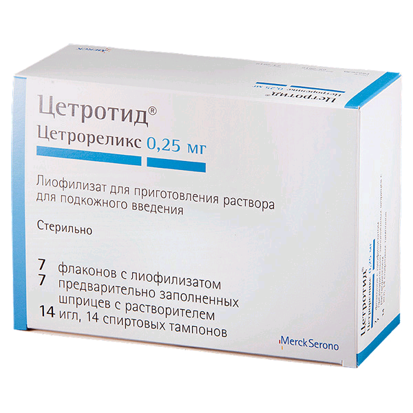 Цетротид лиофилизат для приг раствора для пк введ 025мг 7штВода для инъекций 1мл 7штИгла 14штТампон спиртовой 14шт