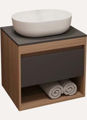 Изображение товара Тумба с раковиной Teymi Ritta 55 подвесная, 56 см, со столешницей, серая, светлое дерево, матовая, из МДФ, с ящиками, раковина для ванной, фарфоровая, овальная